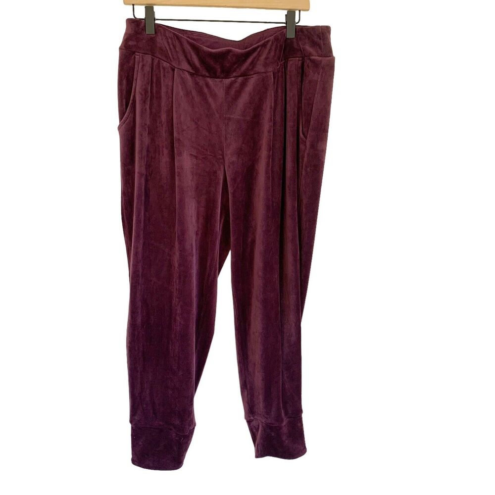 SOMA Purple Velour Velvet Pull On Pants Large Elastic Waist Jogger Lounge Pocket